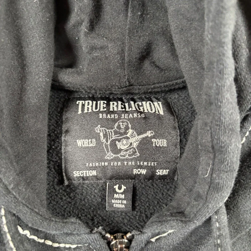 True Religion Zip Up Hoodie Mens M Black Big Graphic Streetwear Y2K Gorpcore